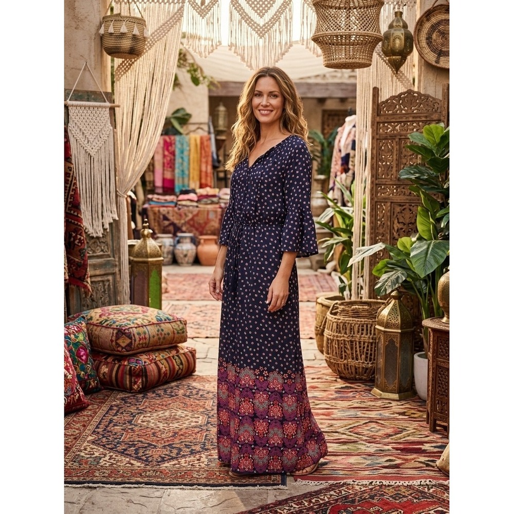 Juicy Couture Black Label Silk Maxi Dress Navy Floral Bell Sleeve Size M NEW